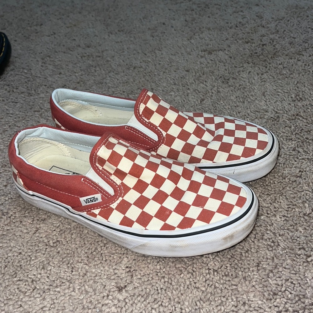 red and off white checkered vans